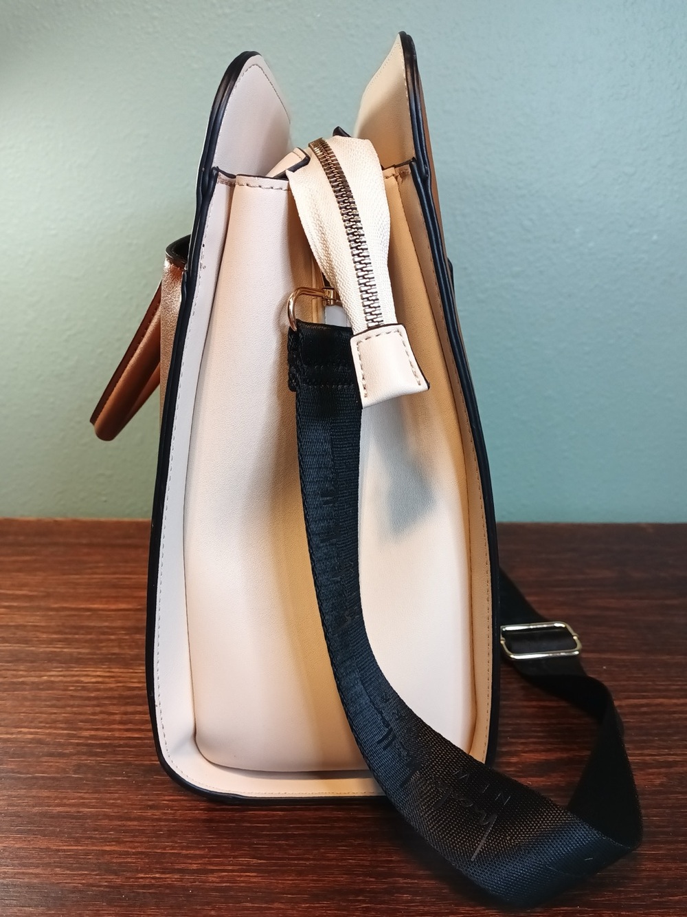 Nicole Miller Satchel with Laptop Sleeve Brown Cream Black Faux Leather - Picture 10 of 16